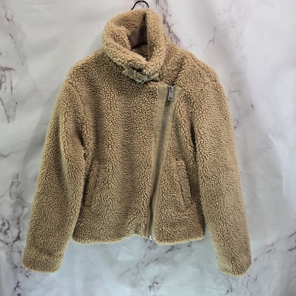 Levis Coat Womens Small Tan Beige Teddy Sherpa Fuzzy Mock Neck Assymetric - Picture 1 of 13